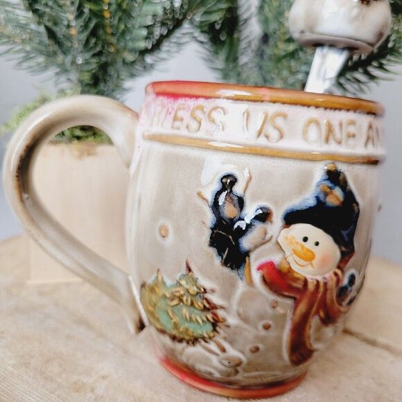 Vtg Snowman Coffee Cup Mug & Matching Spoon Set /Bless Us One And All Christmas - Picture 7 of 15